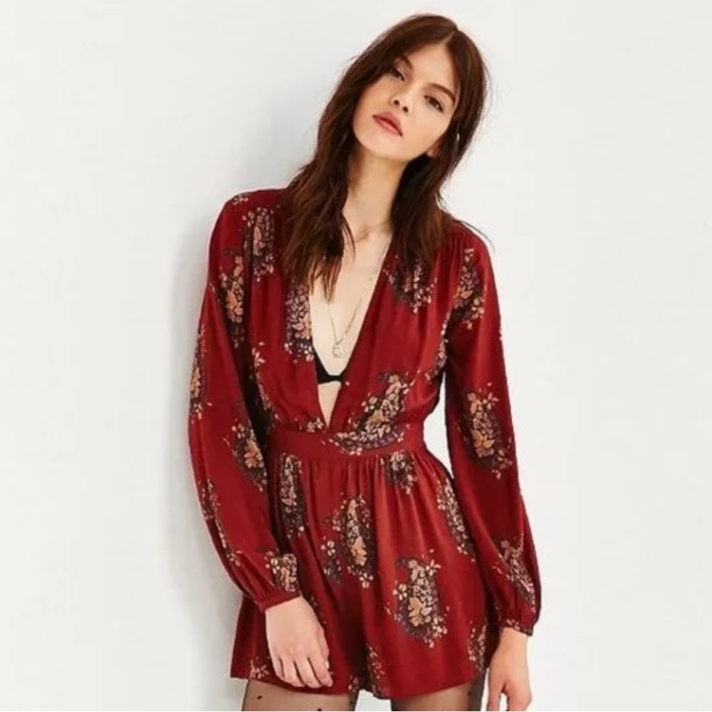 Ecote | Urban Outfitters Burgandy Floral Long Sleeved Romper